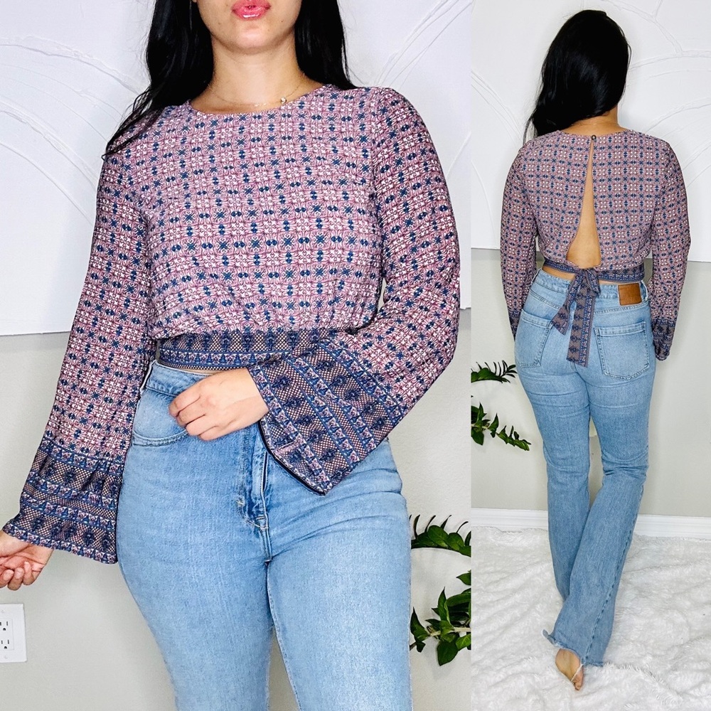 Moroccan Print Bell Sleeve Tie Back Blouse